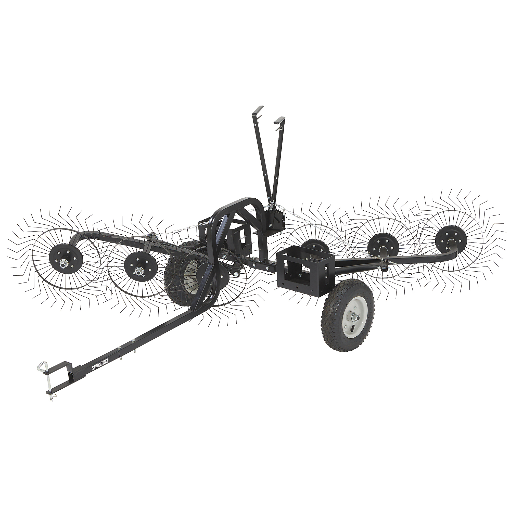 Strongway 55in. Inline Acreage Rake, 6 Reel Tines, 12in. Pneumatic Tires